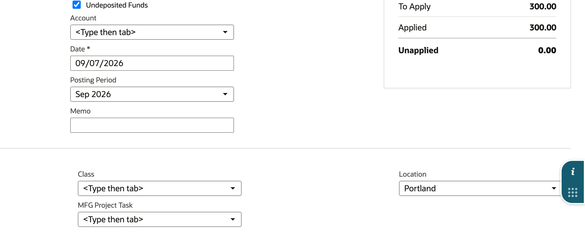 Customer Payment form with the amount applied to the invoice