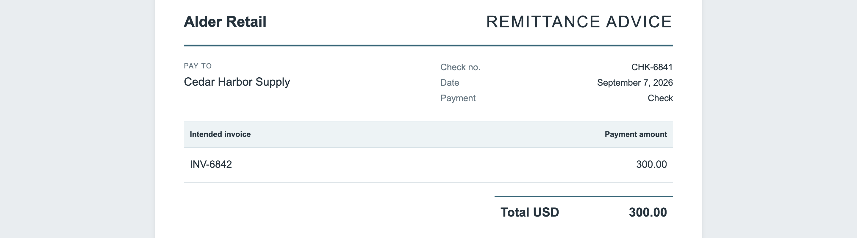 Illustrative remittance identifies check CHK-6841 and invoice INV-6842.