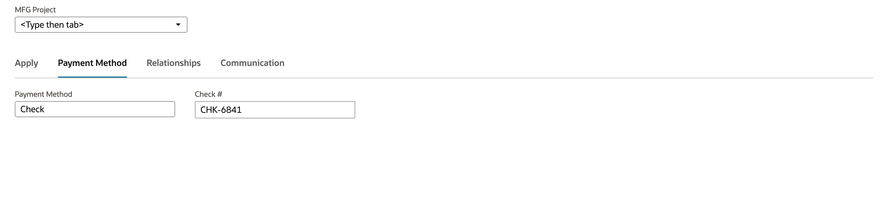 Customer Payment with Check selected and check number CHK-6841.