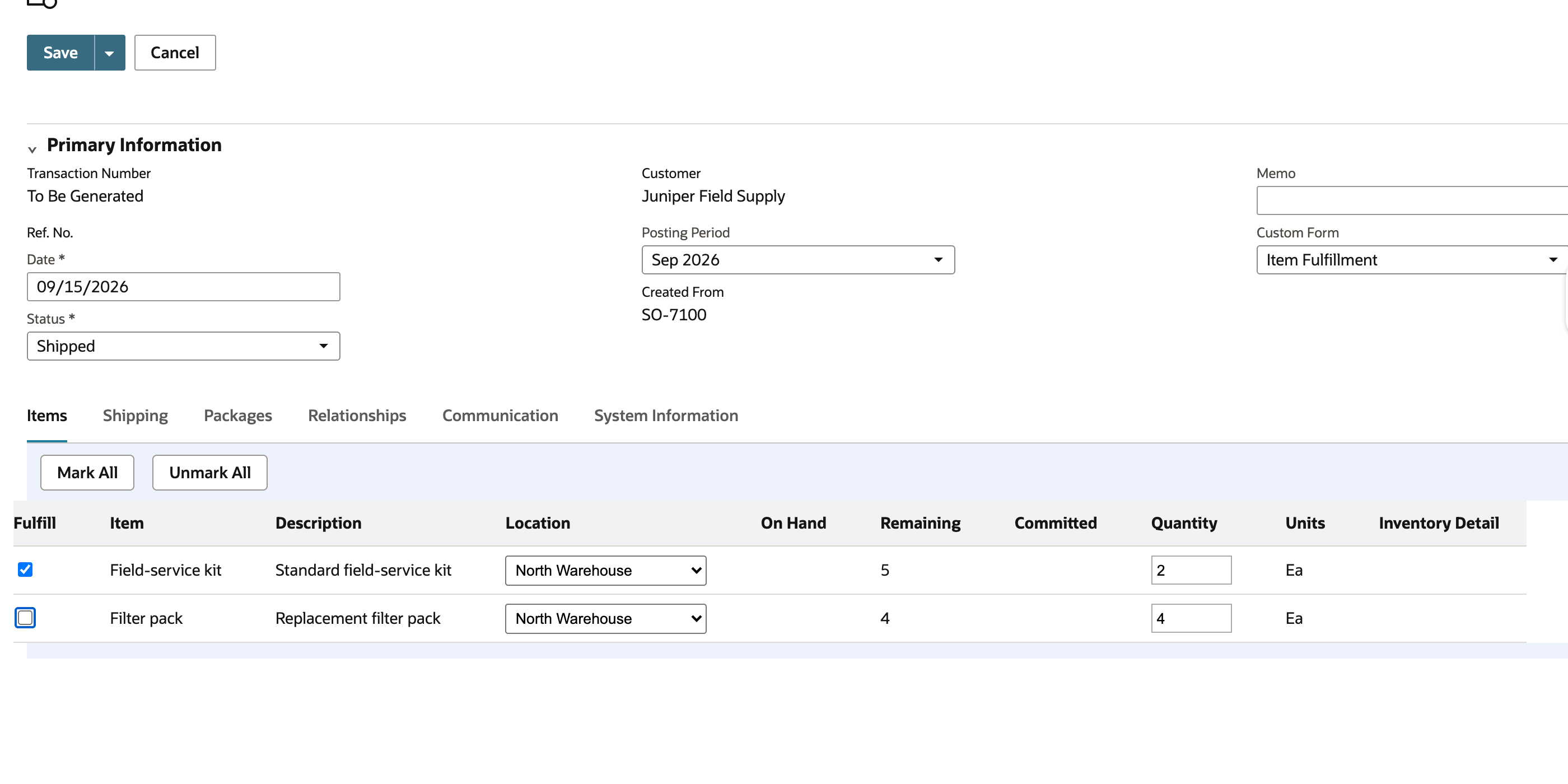 First Item Fulfillment form with kit quantity 2 at North Warehouse and Filter pack unchecked