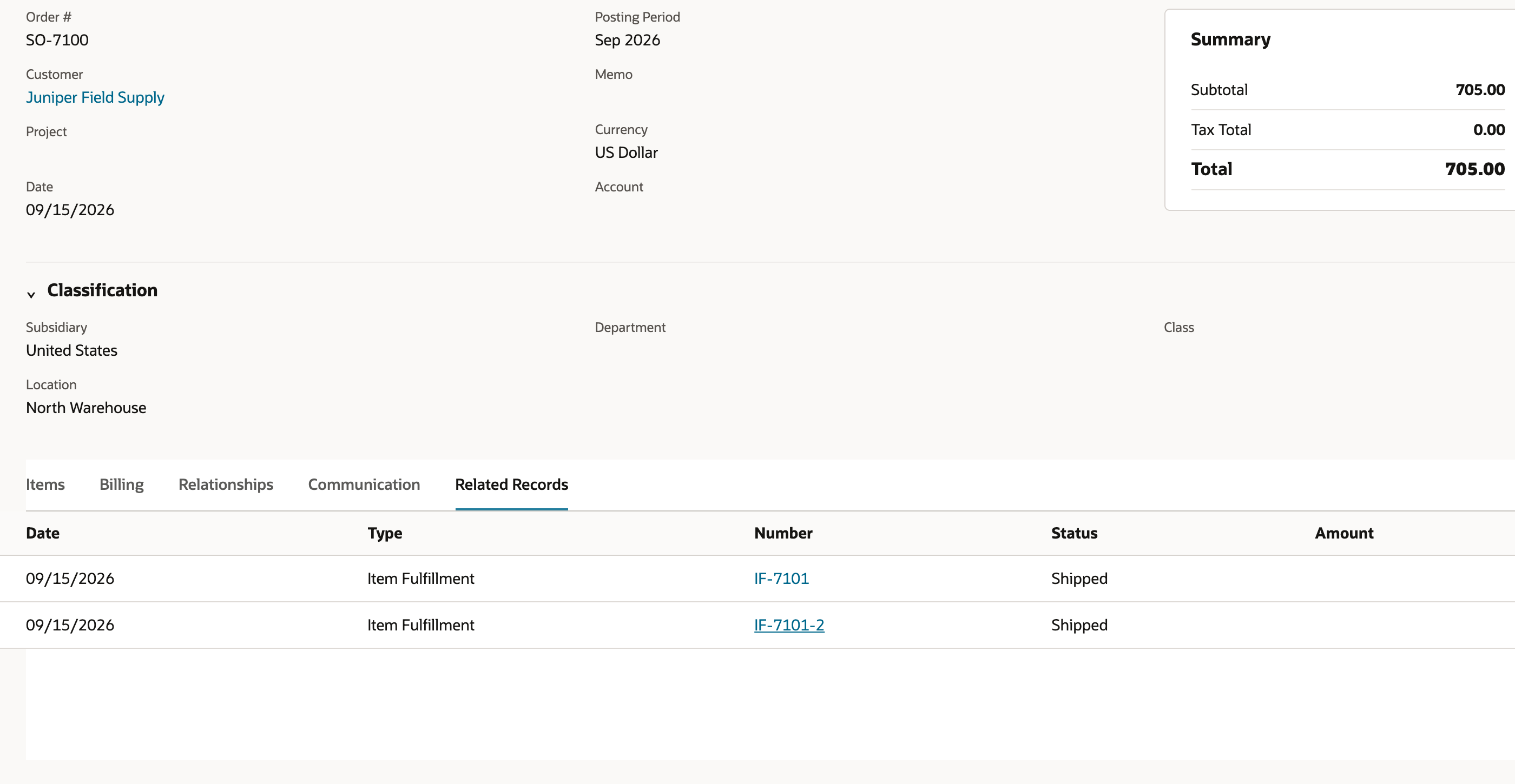 Sales Order SO-7100 Related Records listing IF-7101 and IF-7101-2 with Shipped status