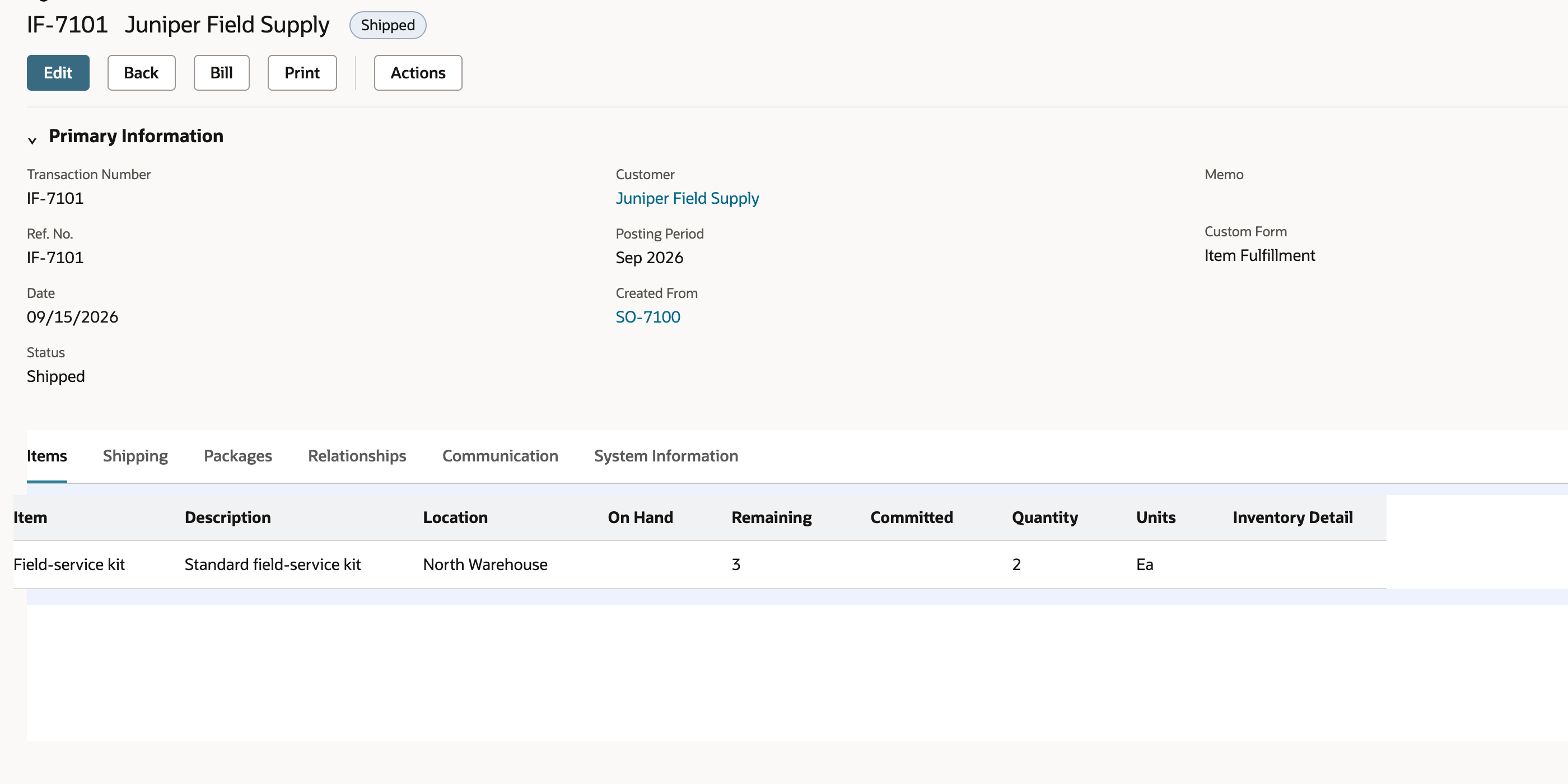 Saved Item Fulfillment IF-7101 Shipped with quantity 2 at North Warehouse and Created From SO-7100