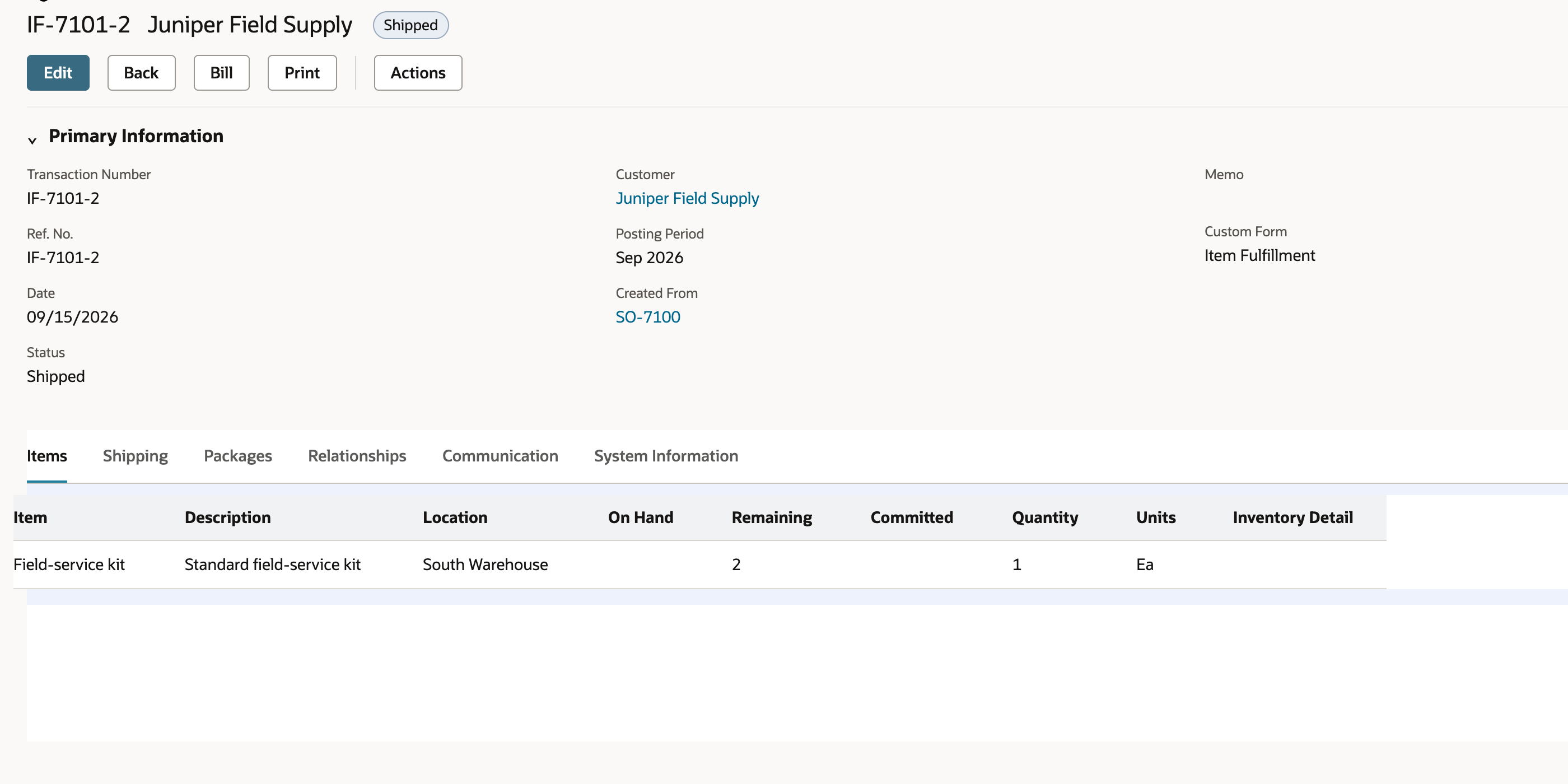 Saved Item Fulfillment IF-7101-2 Shipped with quantity 1 at South Warehouse and Created From SO-7100