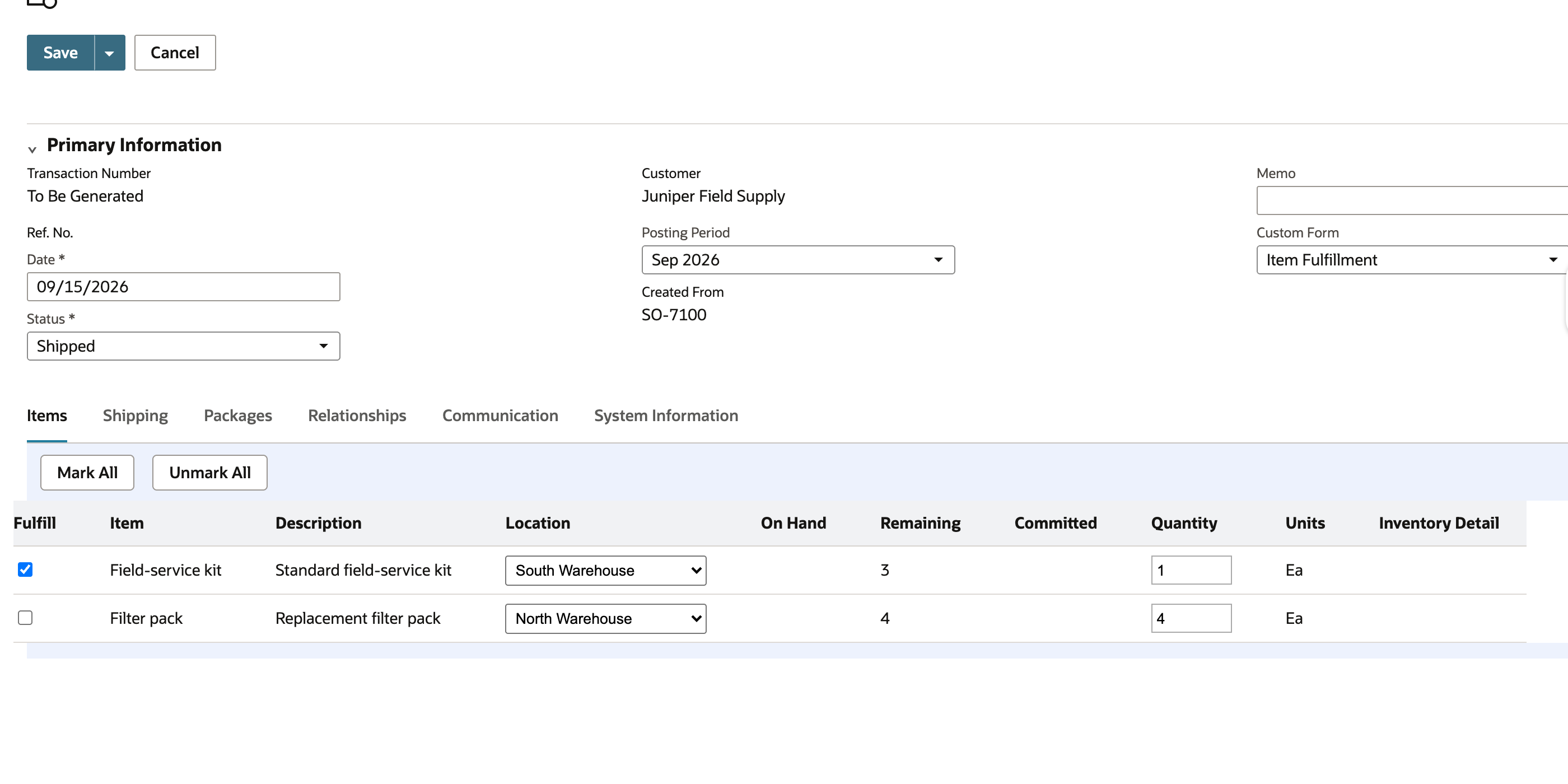 Second Item Fulfillment form with kit quantity 1 at South Warehouse and Filter pack unchecked