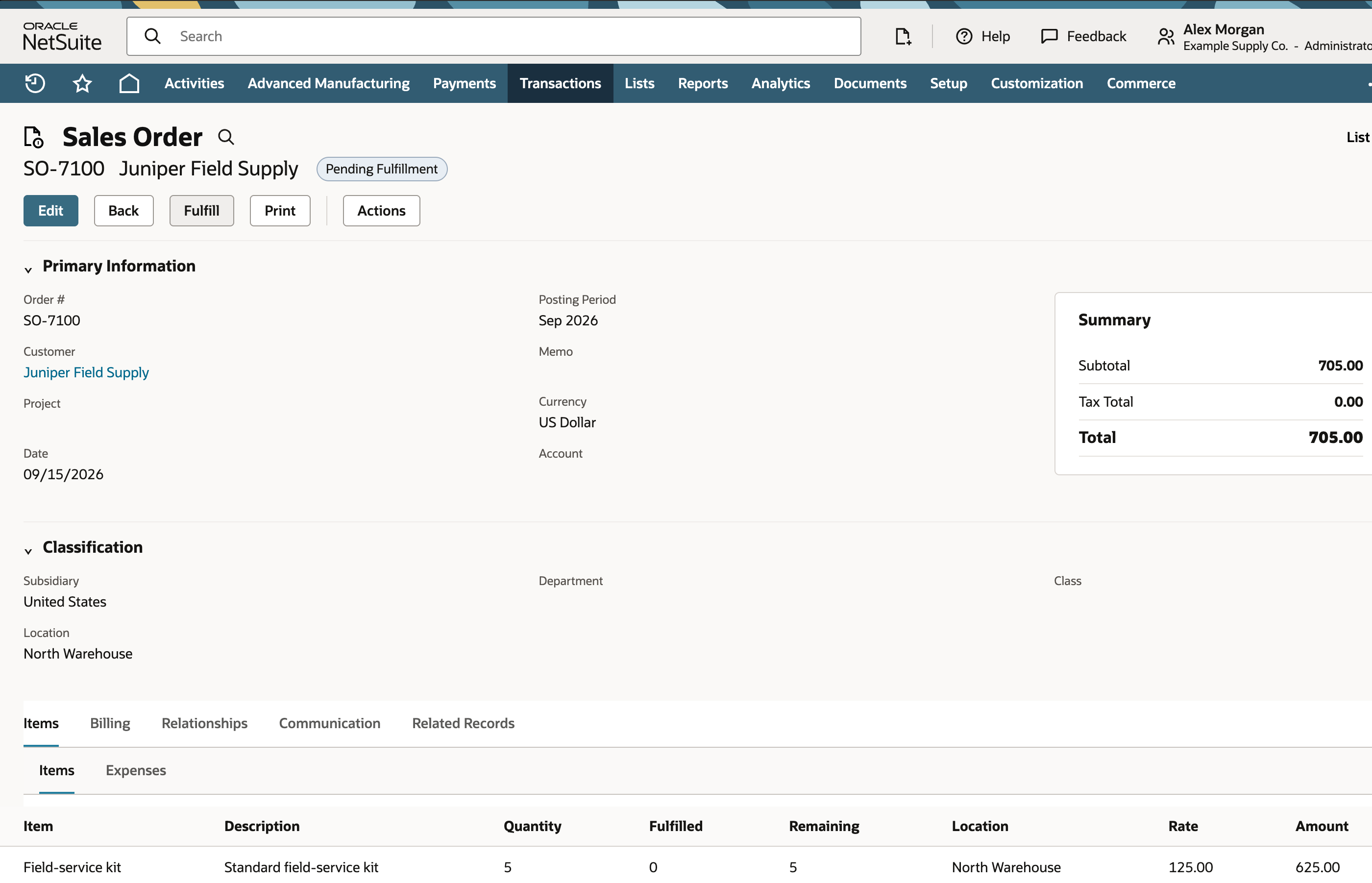 Sales Order SO-7100 Pending Fulfillment with the kit line visible at the bottom of the Items area