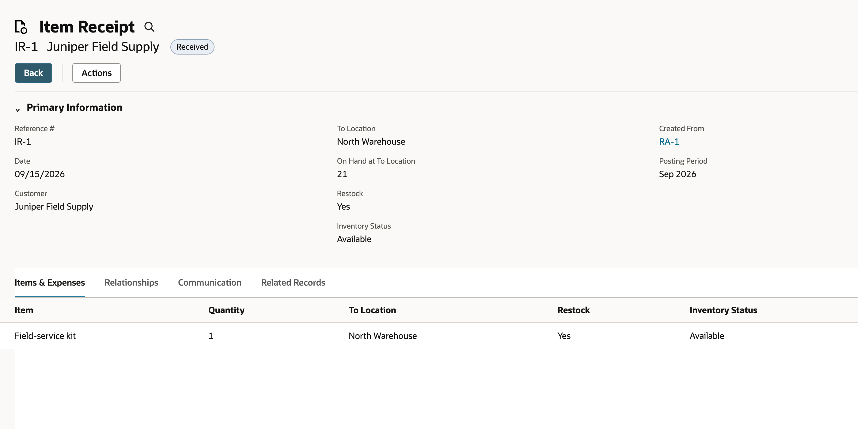 Saved Item Receipt IR-1 linked to RA-1 with quantity one, North Warehouse, and Restock Yes