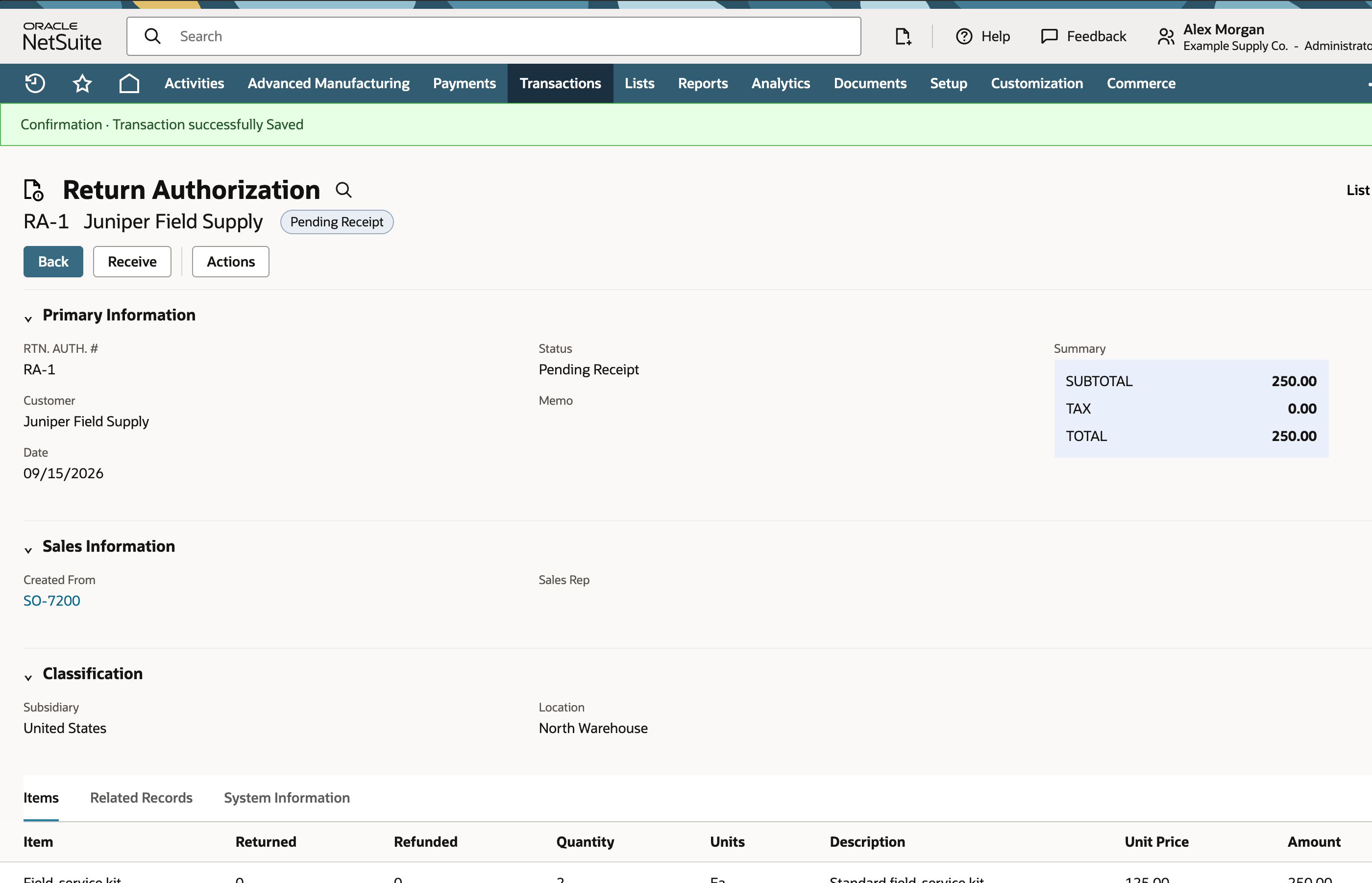 Saved Return Authorization RA-1 showing Pending Receipt, Created From SO-7200, and quantity 2