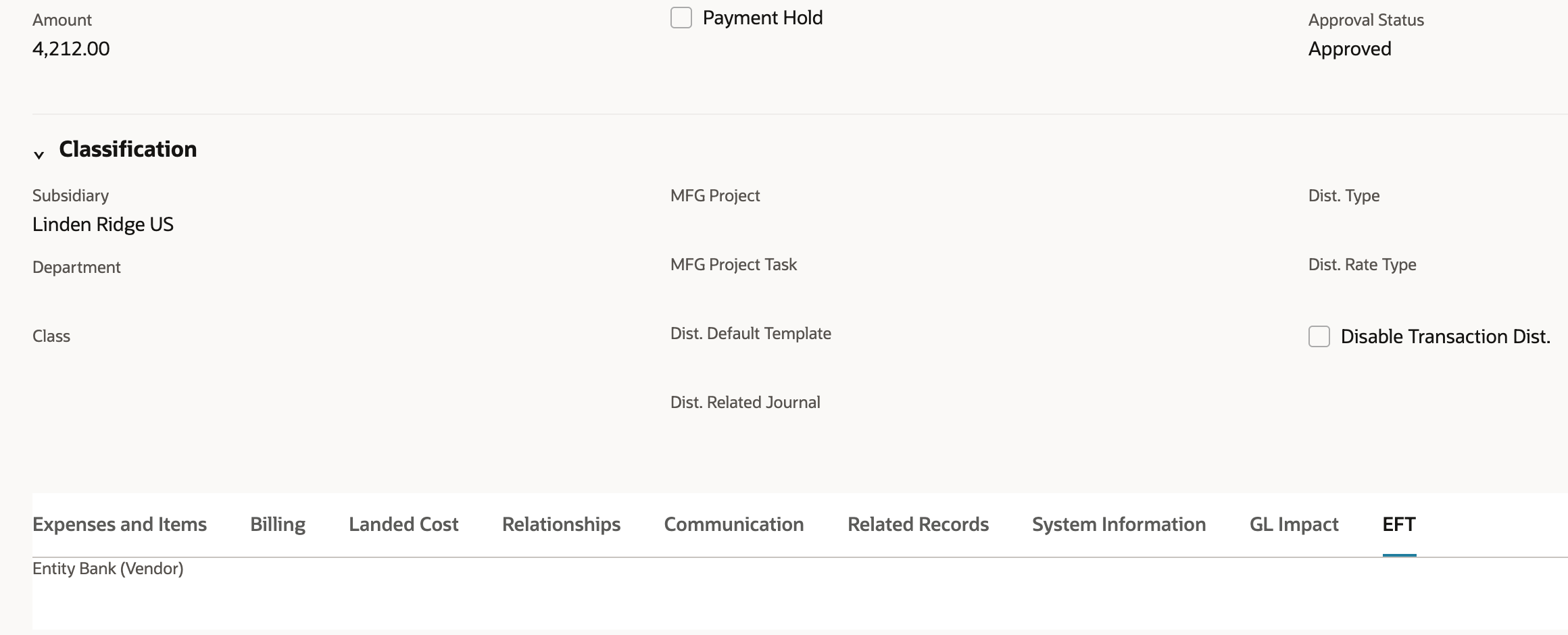 Bill NSS-4452 for 4,212.00 with Approval Status Approved, the EFT subtab open, and Entity Bank (Vendor) blank; an arrow points to Entity Bank (Vendor)