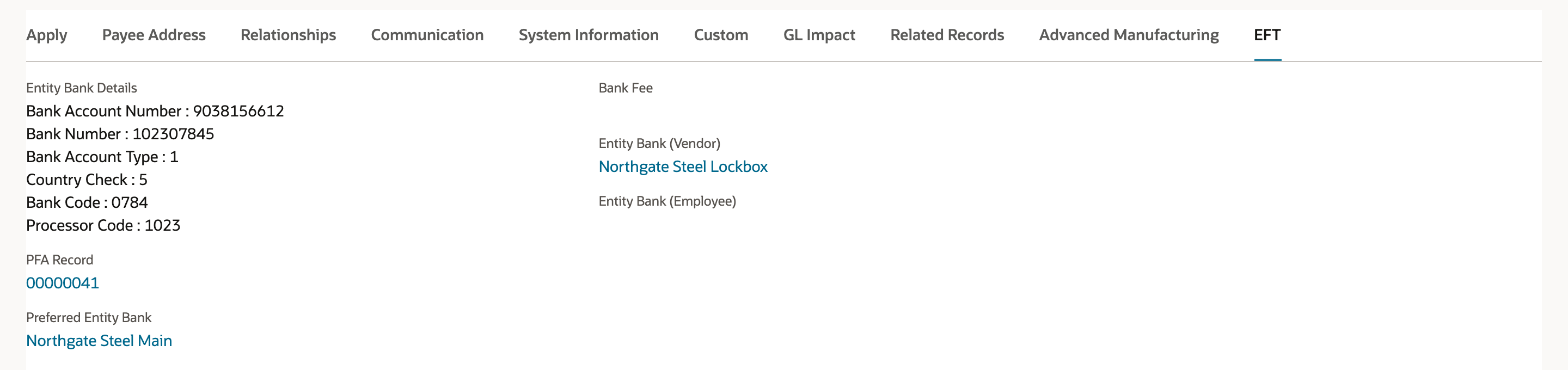 Bill payment 2214 EFT subtab: Entity Bank Details with Bank Account Number 9038156612, PFA Record 00000041, Preferred Entity Bank Northgate Steel Main, and Entity Bank (Vendor) Northgate Steel Lockbox; an arrow points to Northgate Steel Lockbox