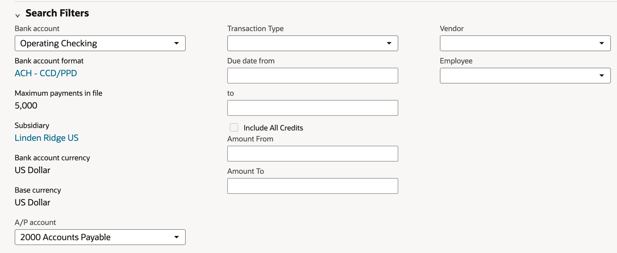 EFT - Bill Payments Search Filters with Bank account Operating Checking, Bank account format ACH - CCD/PPD, Maximum payments in file 5,000, Subsidiary Linden Ridge US, US Dollar currencies, A/P account 2000 Accounts Payable, and Vendor and Employee filters
