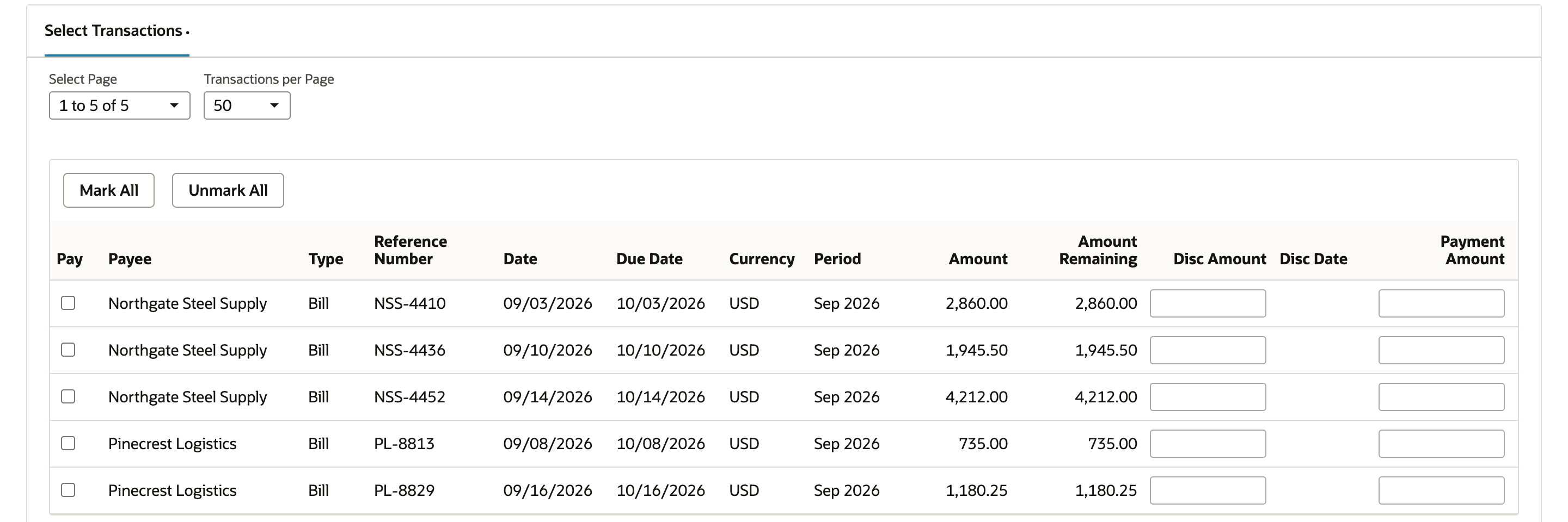 Select Transactions on EFT - Bill Payments, 1 to 5 of 5: NSS-4410, NSS-4436 and NSS-4452 for Northgate Steel Supply and PL-8813 and PL-8829 for Pinecrest Logistics
