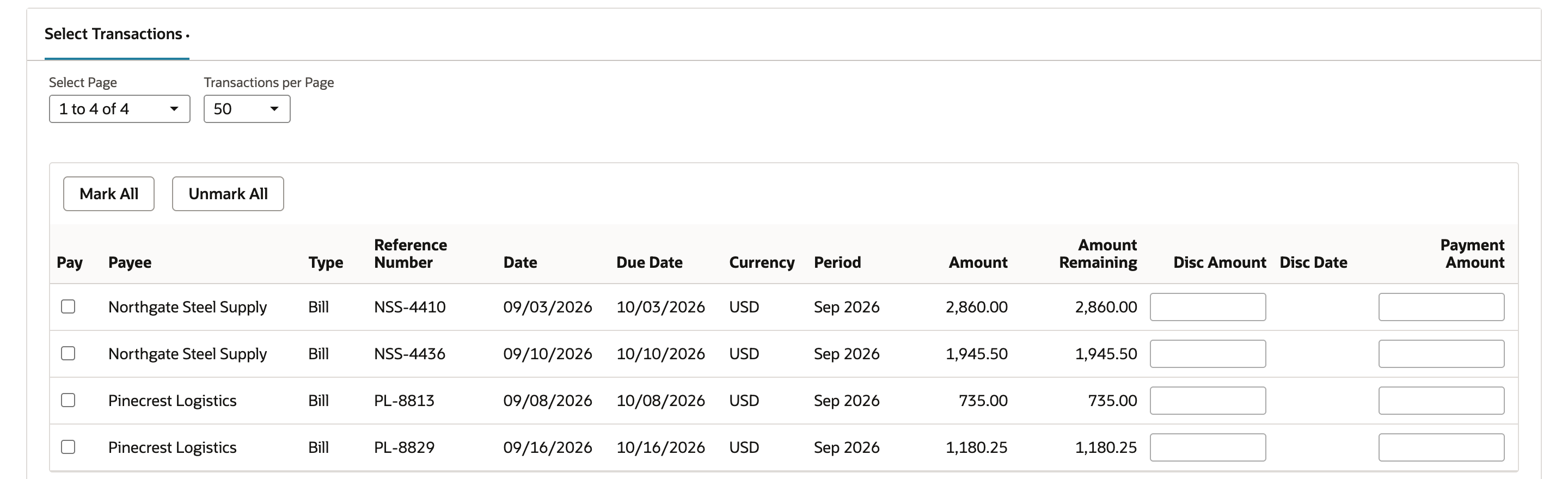 Select Transactions on EFT - Bill Payments, 1 to 4 of 4: NSS-4410 and NSS-4436 for Northgate Steel Supply and PL-8813 and PL-8829 for Pinecrest Logistics, without NSS-4452