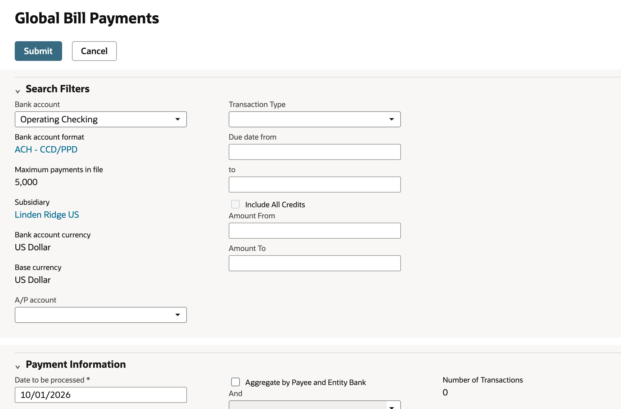 Global Bill Payments with Bank account Operating Checking and its format, payments, subsidiary and currencies filled in, no Vendor or Employee filter, and Aggregate by Payee and Entity Bank under Payment Information