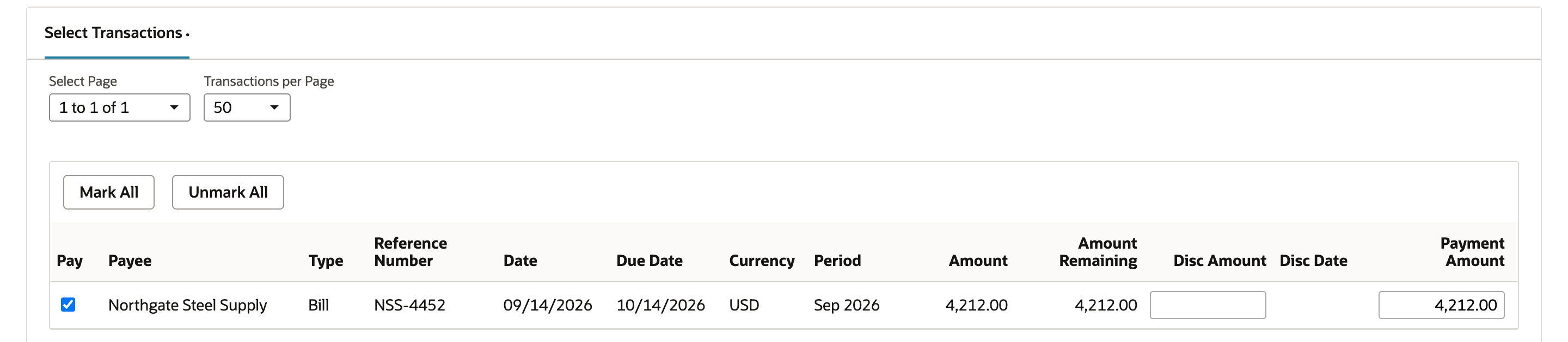 NSS-4452 checked in Select Transactions on Global Bill Payments, with Payment Amount 4,212.00