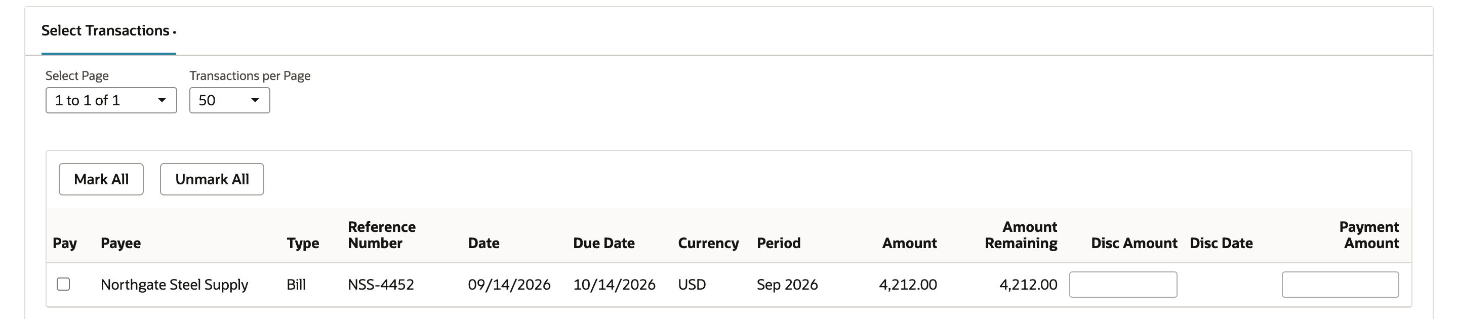 Select Transactions on Global Bill Payments, 1 to 1 of 1: NSS-4452 for Northgate Steel Supply, 4,212.00, not yet checked