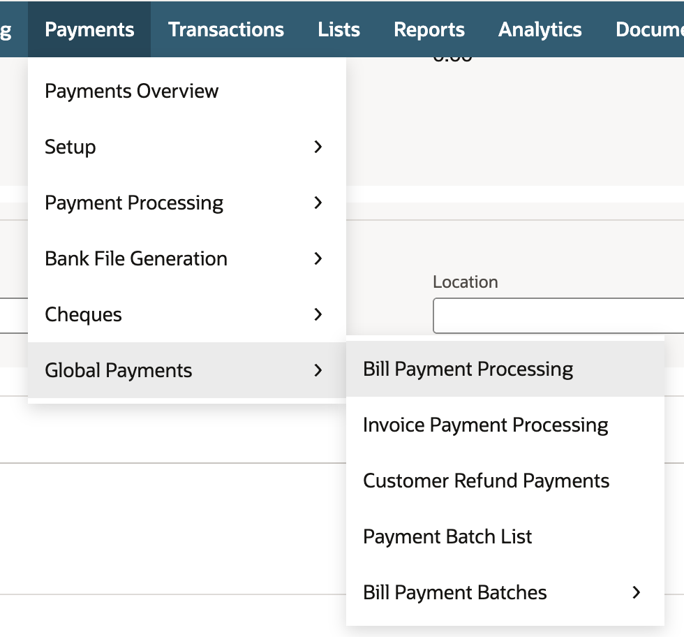 Payments menu open on Global Payments, with Bill Payment Processing highlighted in its flyout