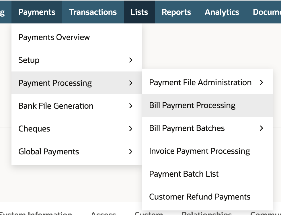 Payments menu open on Payment Processing, with Bill Payment Processing highlighted in its flyout