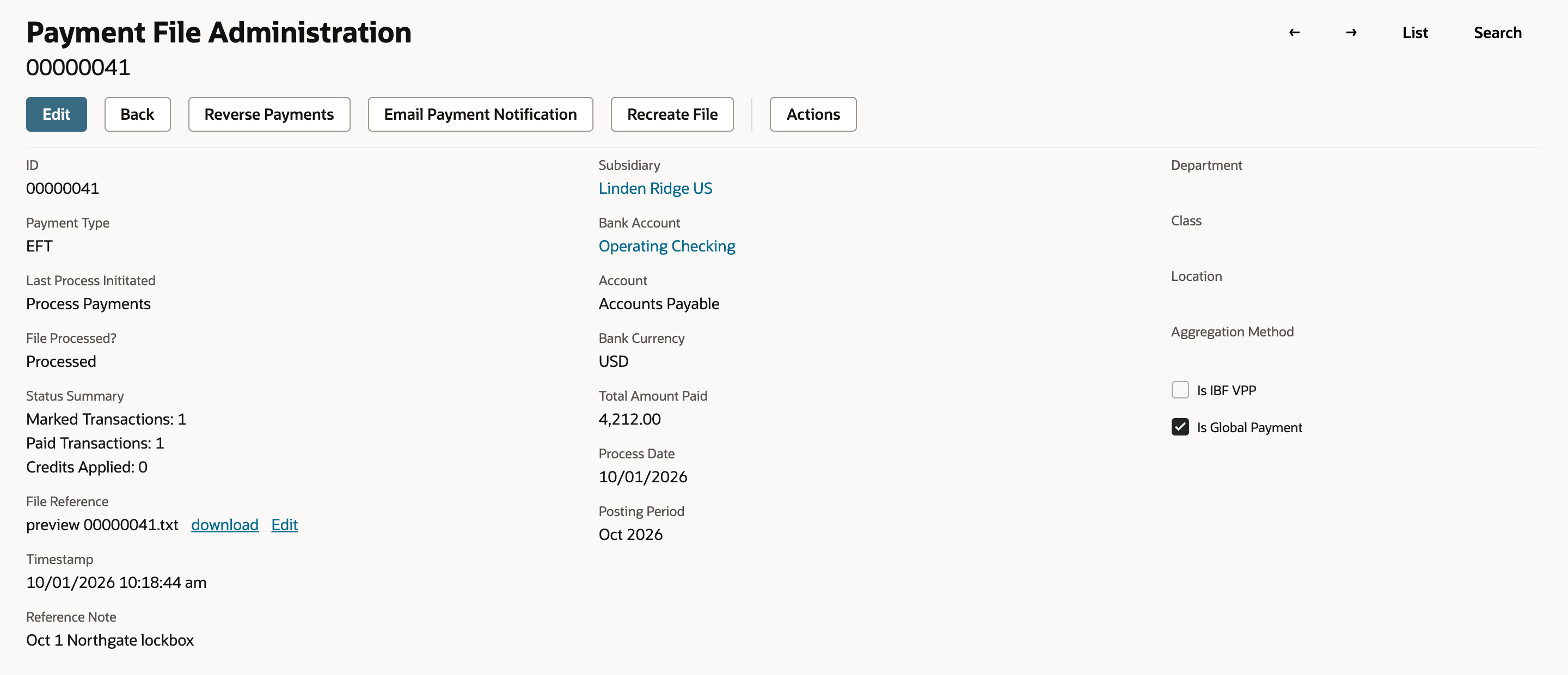 Payment File Administration 00000041 with File Processed? Processed, Marked Transactions 1, Paid Transactions 1, Total Amount Paid 4,212.00, a file under File Reference, and Is Global Payment checked