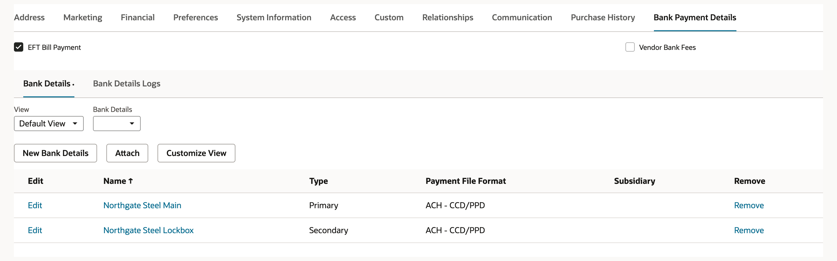 Vendor Bank Payment Details subtab with EFT Bill Payment checked and two Bank Details rows: Northgate Steel Main, Type Primary, and Northgate Steel Lockbox, Type Secondary, both ACH - CCD/PPD