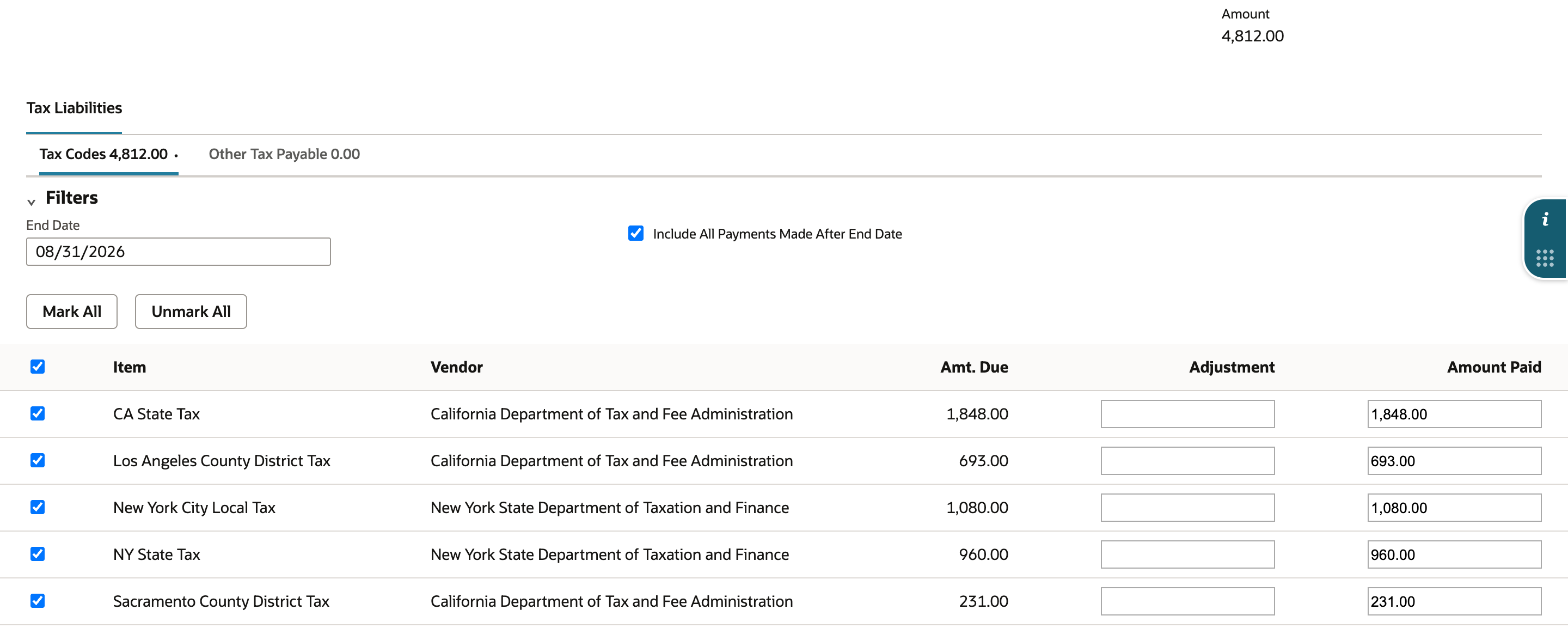 All five tax code rows are marked with Amount Paid equal to Amt. Due, the Tax Codes tab shows 4,812.00, and a red arrow points to the header Amount of 4,812.00.