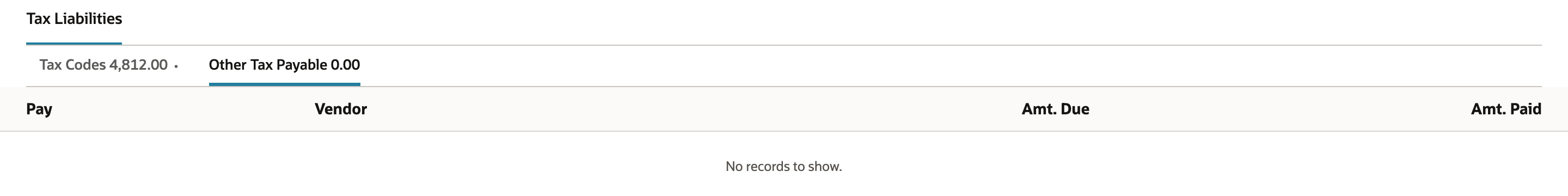 The Other Tax Payable tab shows 0.00 and its list reads No records to show.