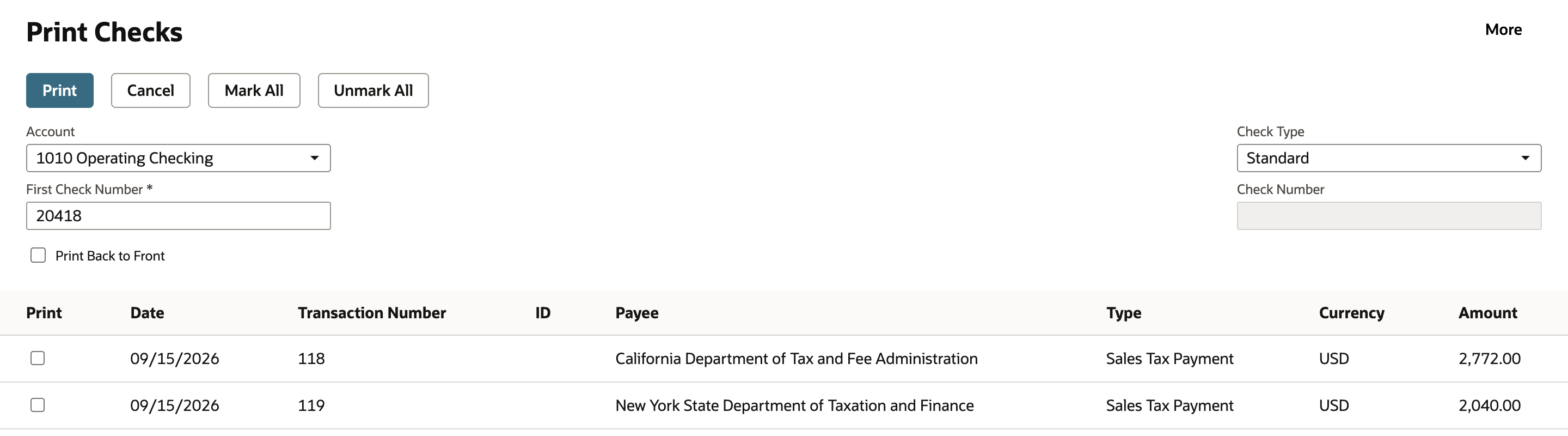 Print Checks for account 1010 Operating Checking lists two Sales Tax Payment rows dated 09/15/2026: 2,772.00 to the California agency and 2,040.00 to the New York agency.