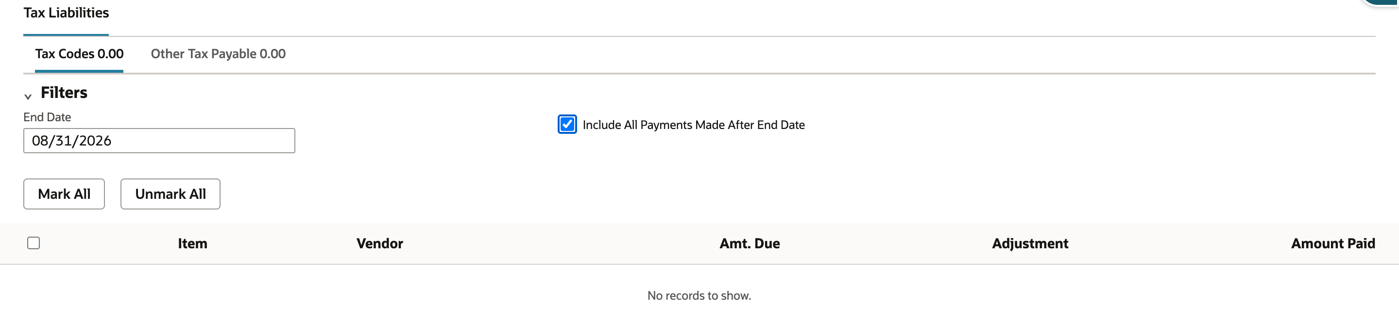 Pay Sales Tax opened again with End Date 08/31/2026 shows Tax Codes 0.00 and No records to show.