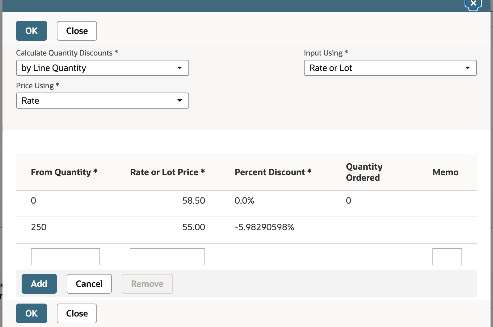 The Additional Pricing dialog with Calculate Quantity Discounts by Line Quantity and Price Using Rate, and two tiers: From Quantity 0 at 58.50 with 0.0% discount, and From Quantity 250 at 55.00 with -5.98290598% discount.