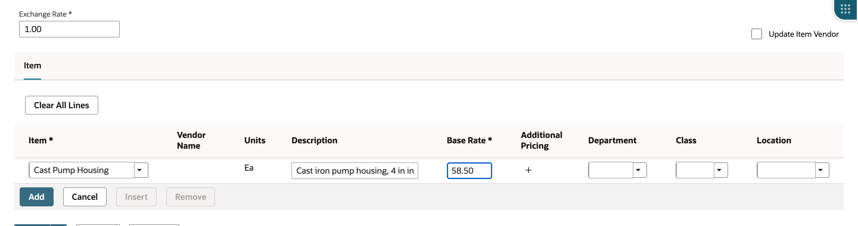 The contract's Items subtab with a line for Cast Pump Housing, units Ea, a red arrow pointing to Base Rate 58.50, the Additional Pricing plus icon beside it, and Update Item Vendor unchecked.