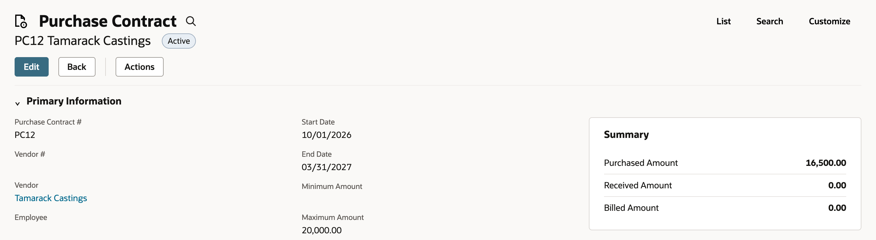 Purchase Contract PC12 with Maximum Amount 20,000.00 and a Summary showing Purchased Amount 16,500.00, Received Amount 0.00, and Billed Amount 0.00.