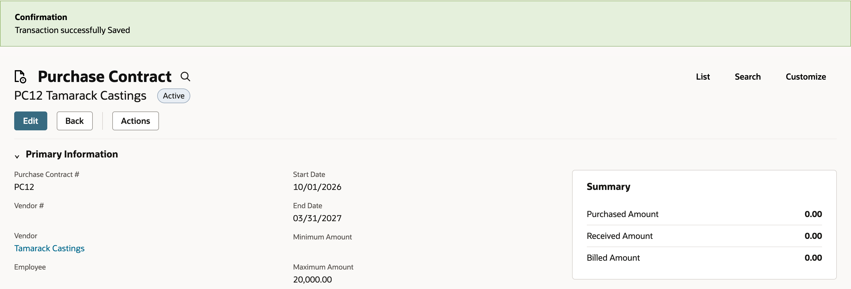 Saved Purchase Contract PC12 for Tamarack Castings with status Active, Maximum Amount 20,000.00, and a Summary showing Purchased Amount, Received Amount, and Billed Amount of 0.00.