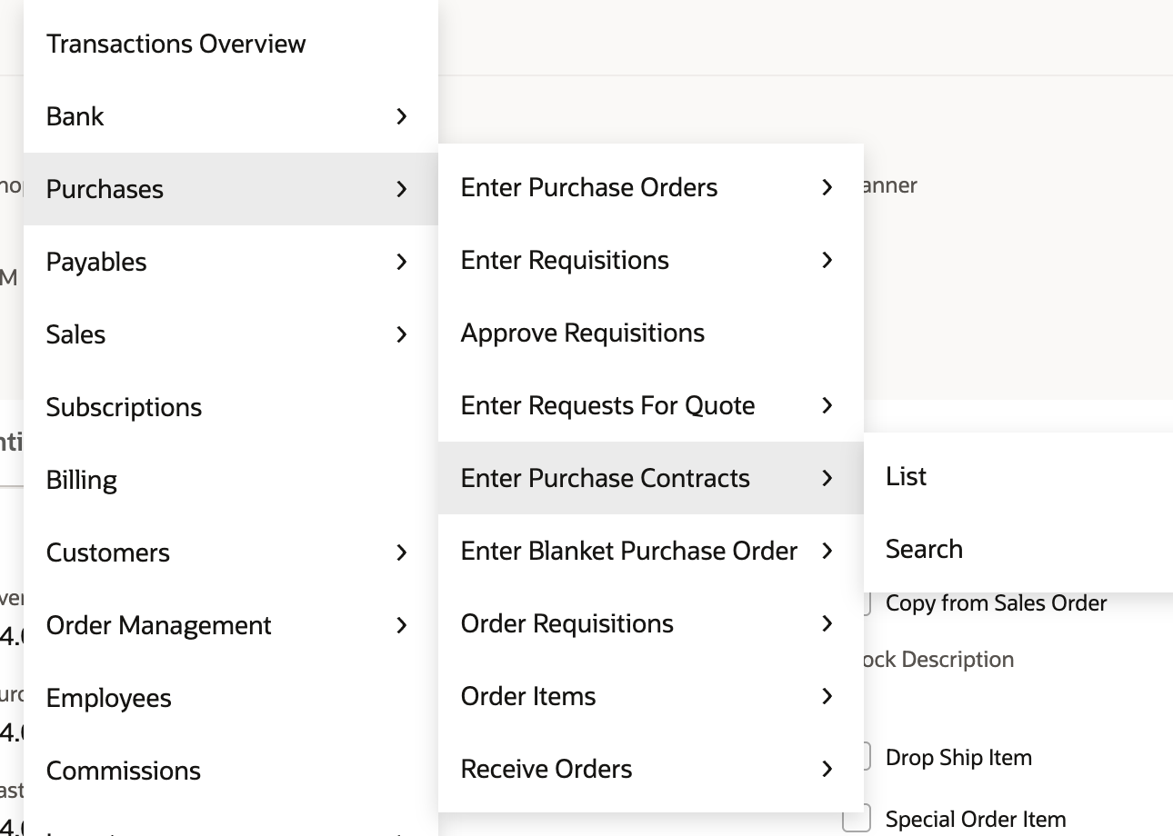 The Transactions menu with Purchases expanded and Enter Purchase Contracts highlighted in its submenu, between Enter Requests For Quote and Enter Blanket Purchase Order, with its List and Search options beside it.