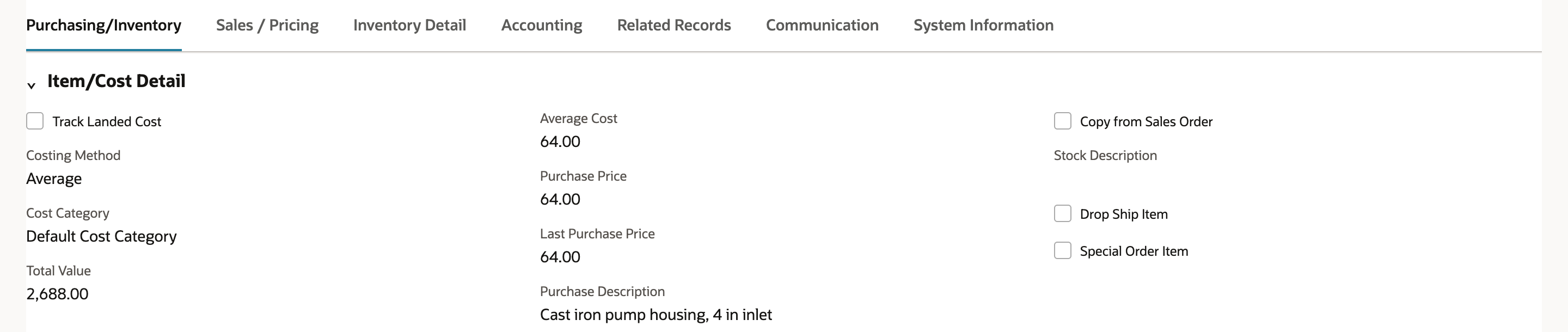 The Purchasing/Inventory subtab of Cast Pump Housing with Average Cost 64.00, Last Purchase Price 64.00, and a red arrow pointing to Purchase Price 64.00.