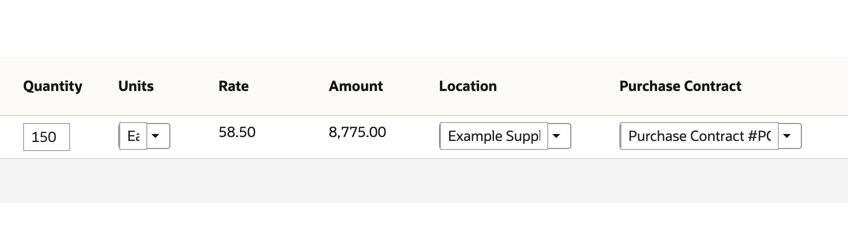 The purchase order line with Purchase Contract #PC12 selected and a red arrow pointing to Rate 58.50, now shown as plain text, with Amount 8,775.00.