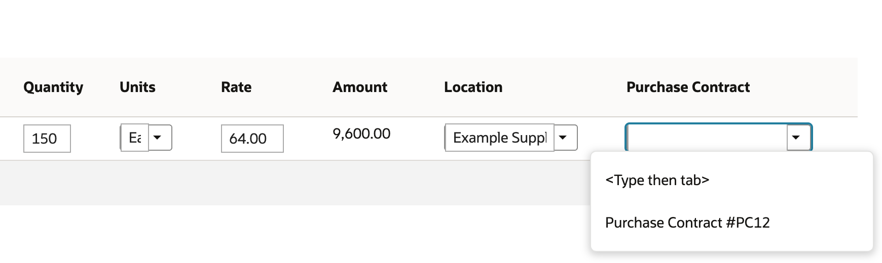 The Purchase Contract list open on the purchase order line, offering Purchase Contract #PC12, while the line still shows Rate 64.00 and Amount 9,600.00.