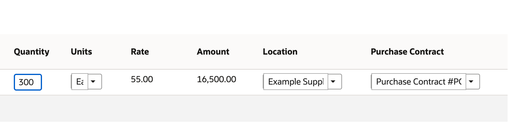 The purchase order line with Quantity 300, a red arrow pointing to Rate 55.00, Amount 16,500.00, and the purchase contract still selected.