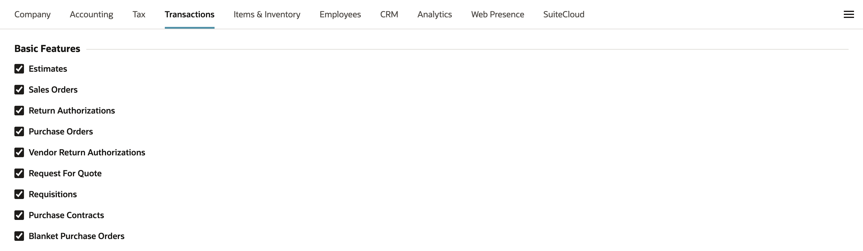 The Transactions subtab of Enable Features, where Basic Features lists checked boxes including Purchase Orders and, marked by a red arrow, Purchase Contracts.