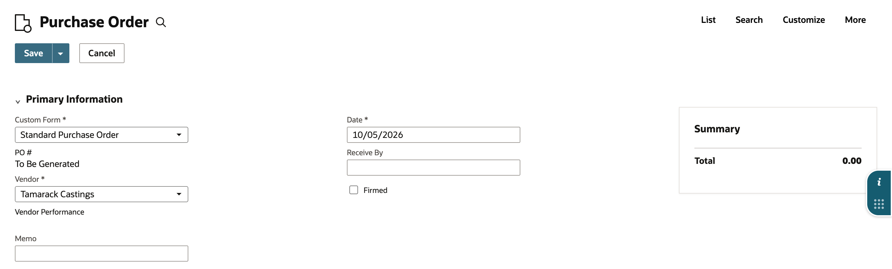 A new Purchase Order on the Standard Purchase Order form with Vendor Tamarack Castings, Date 10/05/2026, and Summary Total 0.00.