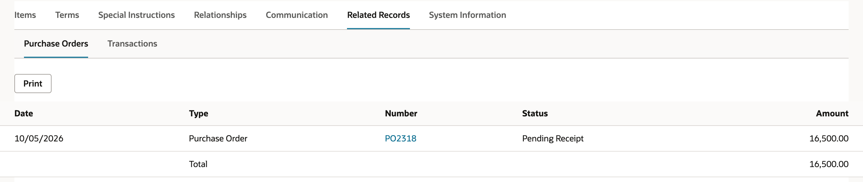 The Related Records subtab of PC12, where Purchase Orders lists PO2318 dated 10/05/2026, Pending Receipt, for 16,500.00, with a total of 16,500.00.