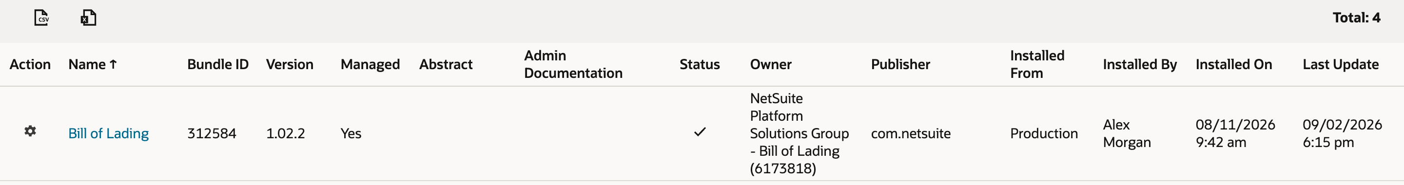 Installed Bundles listing Bill of Lading with Bundle ID 312584, Version 1.02.2, Managed Yes and a check mark in Status.