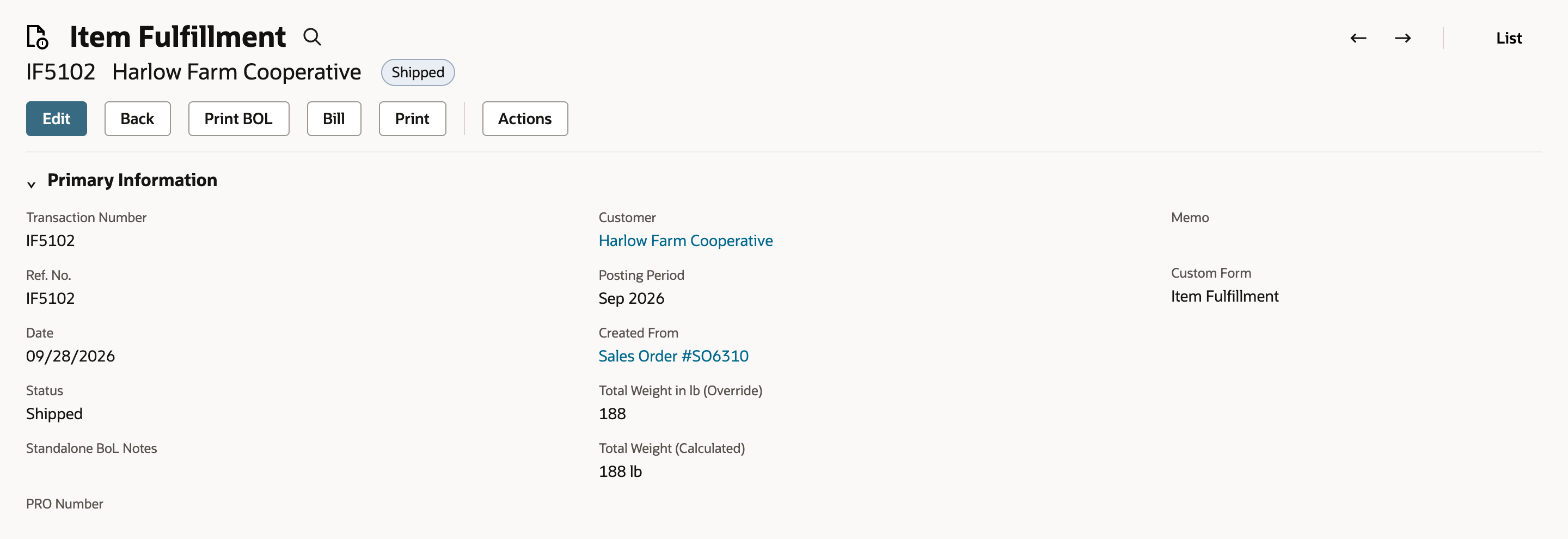 Item fulfillment IF5102 for Harlow Farm Cooperative, status Shipped, Date 09/28/2026, Created From Sales Order #SO6310, Total Weight in lb (Override) 188 and Total Weight (Calculated) 188 lb.