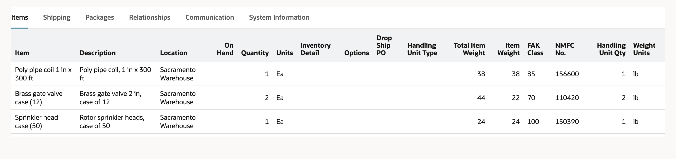 Items subtab of IF5103 with Poly pipe coil quantity 1, Total Item Weight 38, class 85; Brass gate valve case quantity 2, 44, class 70; and Sprinkler head case quantity 1, 24, with a red arrow on FAK Class 100.