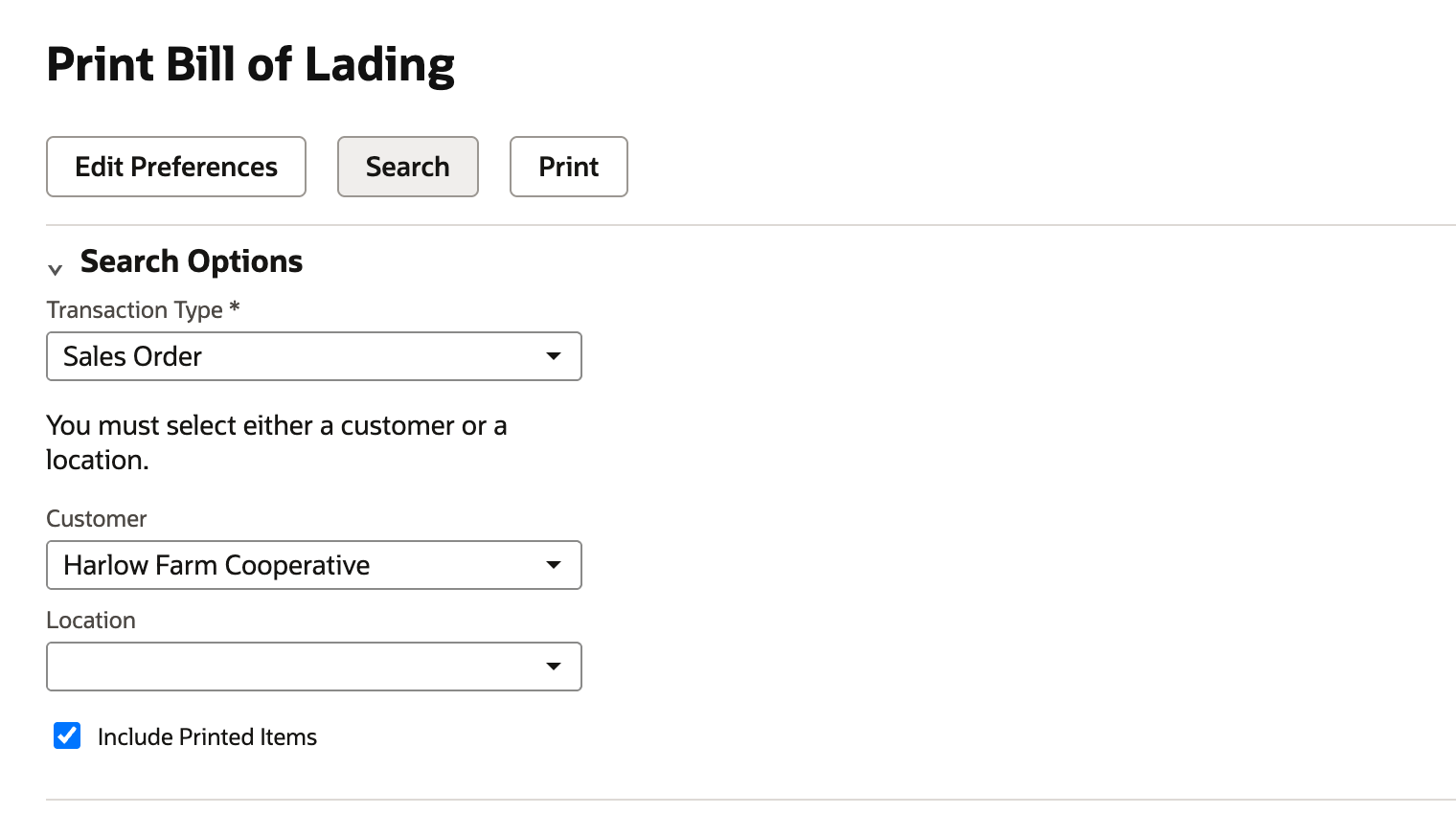 Print Bill of Lading Search Options with Customer Harlow Farm Cooperative and, marked by a red arrow, Include Printed Items checked.