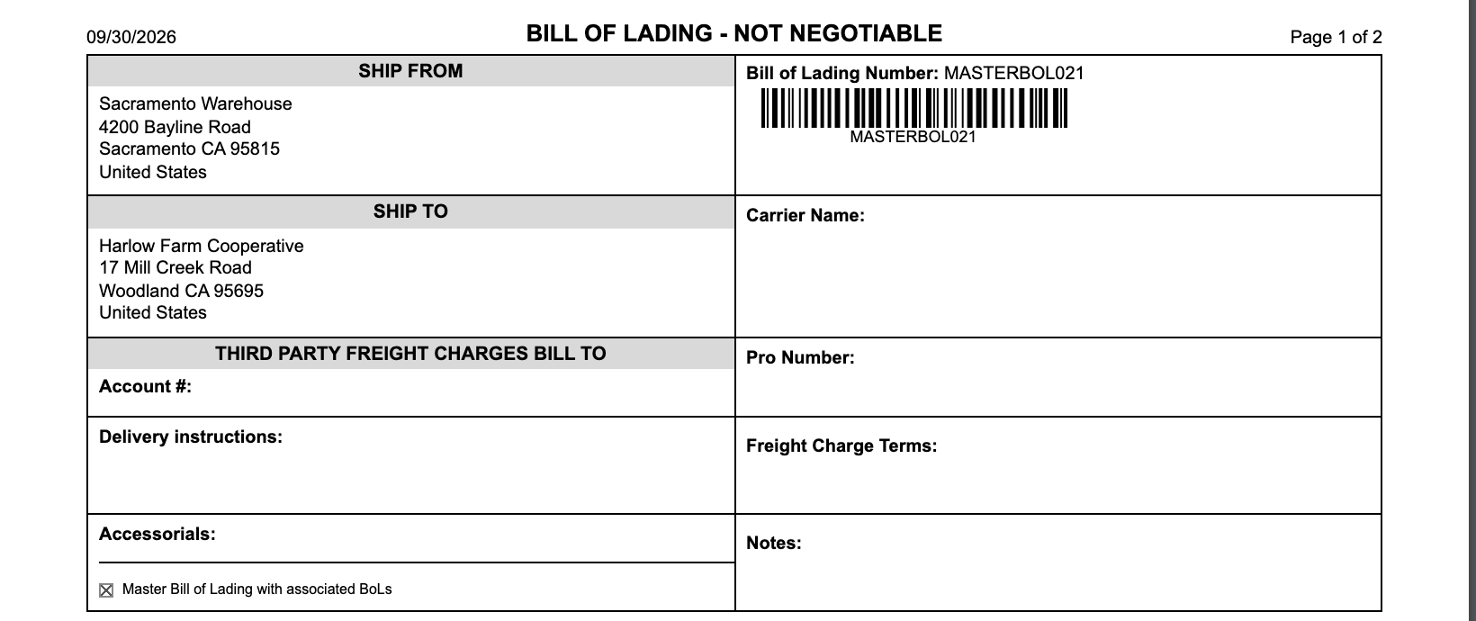 The top of master bill of lading MASTERBOL021: Ship From Sacramento Warehouse, 4200 Bayline Road, Sacramento CA 95815; Ship To Harlow Farm Cooperative, 17 Mill Creek Road, Woodland CA 95695; and a checked Master Bill of Lading with associated BoLs box.