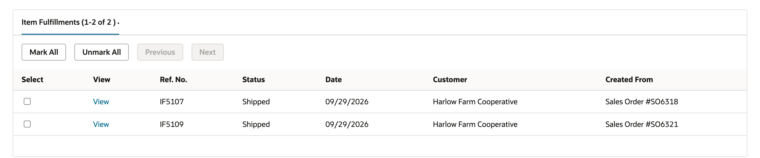 Item Fulfillments (1-2 of 2) listing IF5107 and IF5109 for Harlow Farm Cooperative, both Shipped on 09/29/2026.