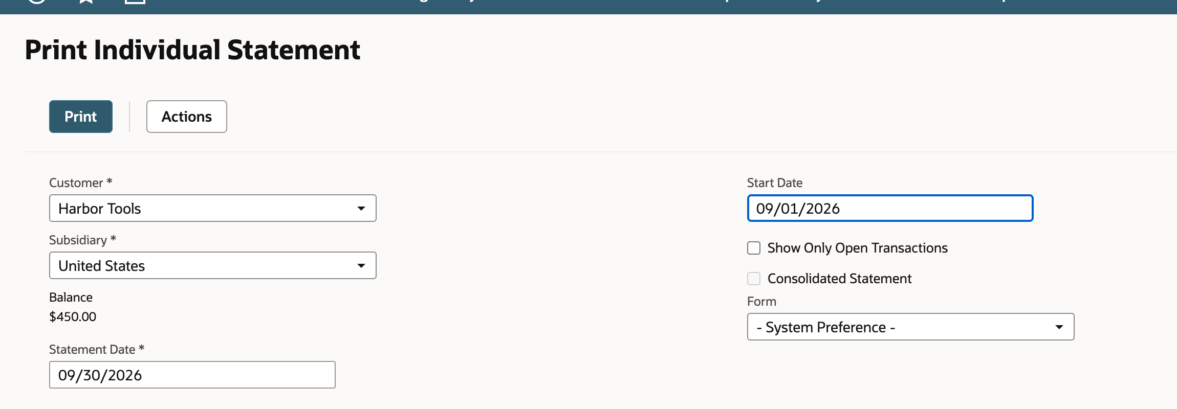 NetSuite Print Individual Statement form with Harbor Tools, United States subsidiary, September 30 Statement Date, September 1 Start Date, and open-only and consolidation checkboxes clear