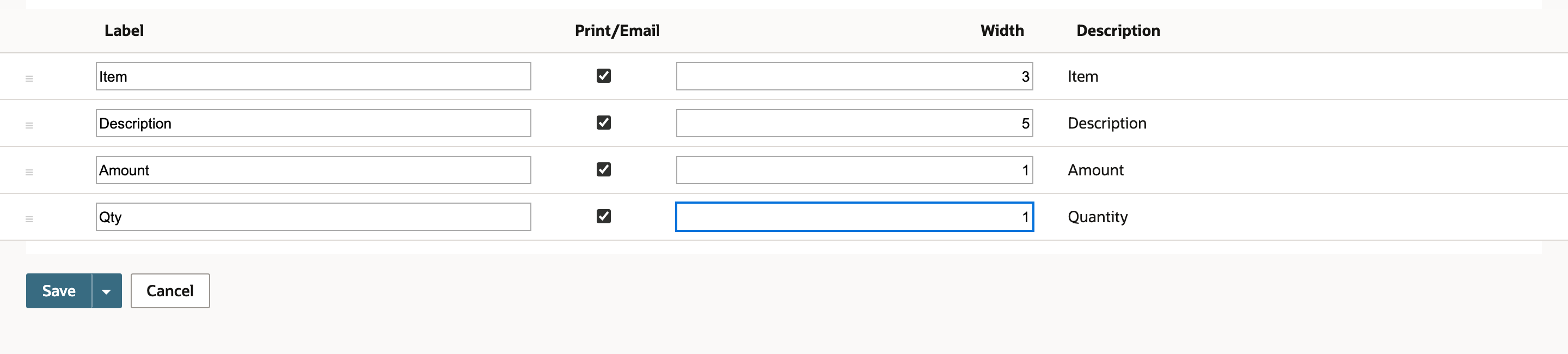 The Quantity row is enabled with a relative width of 1.