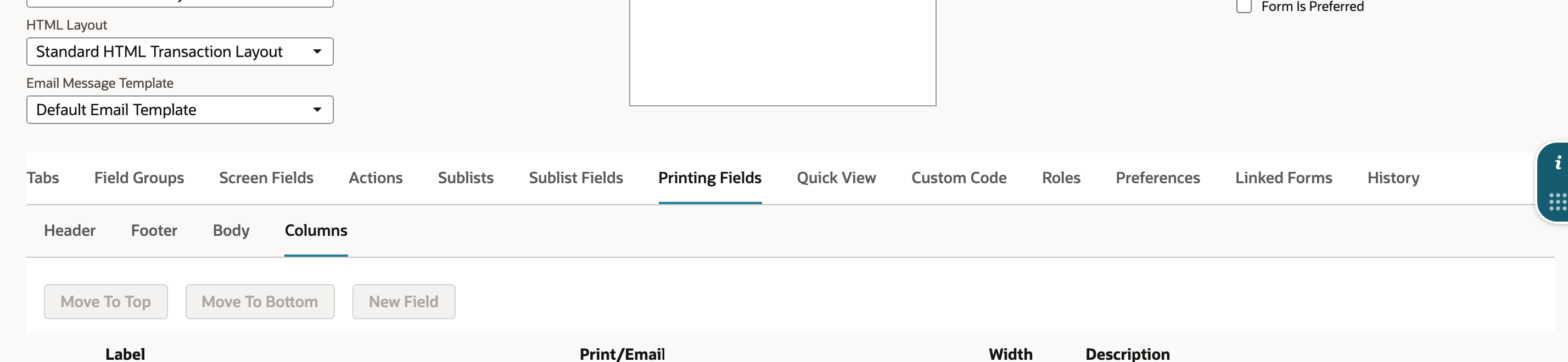Use the existing Basic form’s Printing Fields configuration.