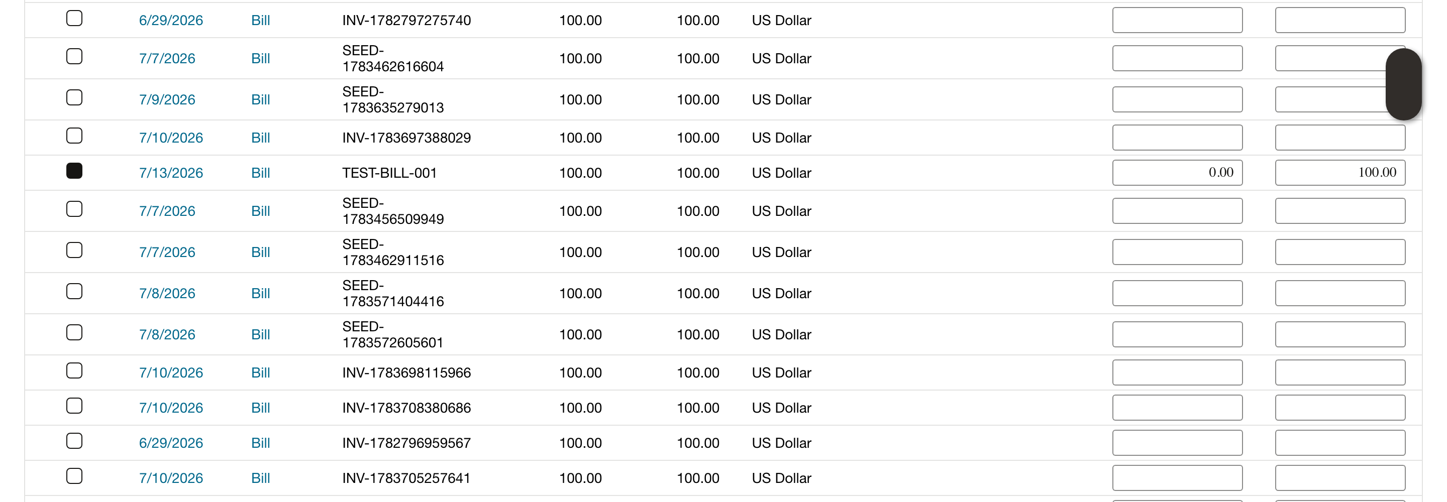 Bill Payment with 100.00 applied to the intended bill.