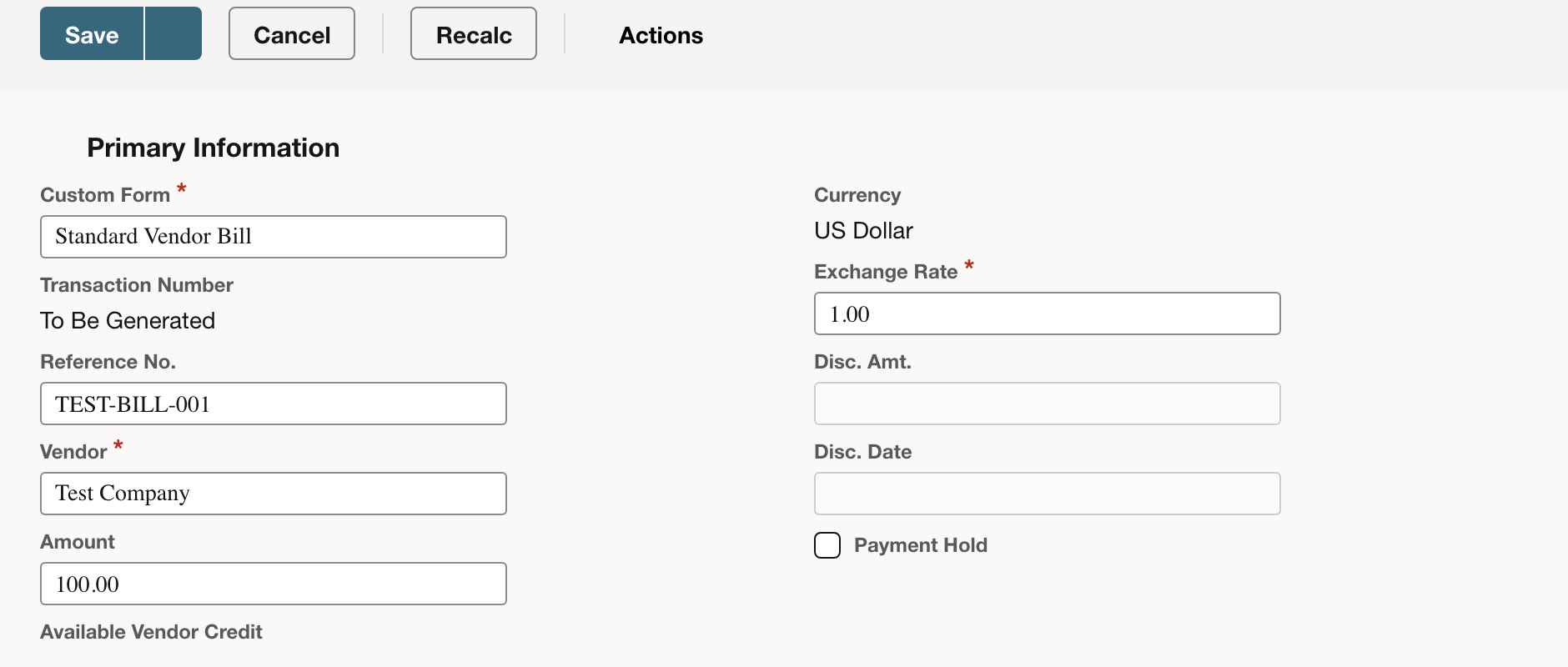Vendor Bill form created from the purchasing transaction, with the copied item total and approval status visible.